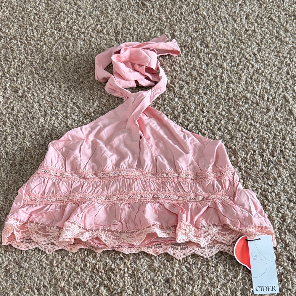 Cider Blush Halter Top with Lace Accents